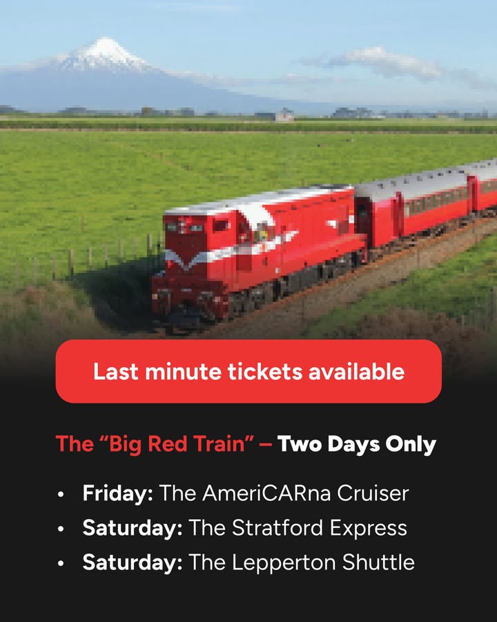 🚂 Don't miss your chance to experience Taranaki by rail during AmeriCARna. Steam Inc's heritage passenger train is…