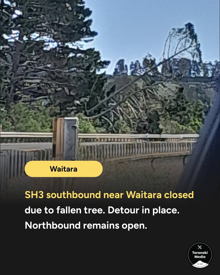 SH3 Waitara, Taranaki is currently CLOSED southbound between Princess St and nelson St due to a fallen tree. Northbound…