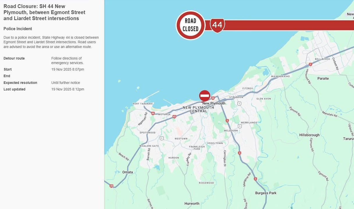 SH44 in New Plymouth is currently closed between Liardet & Egmont Streets due to a police incident.